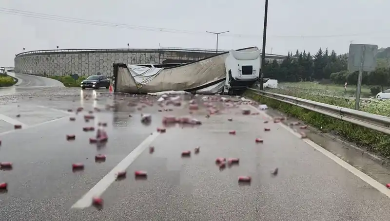 TIR Devrildi, Yolda Şarap ve Bira Kalabalığı Dikkat Çekti